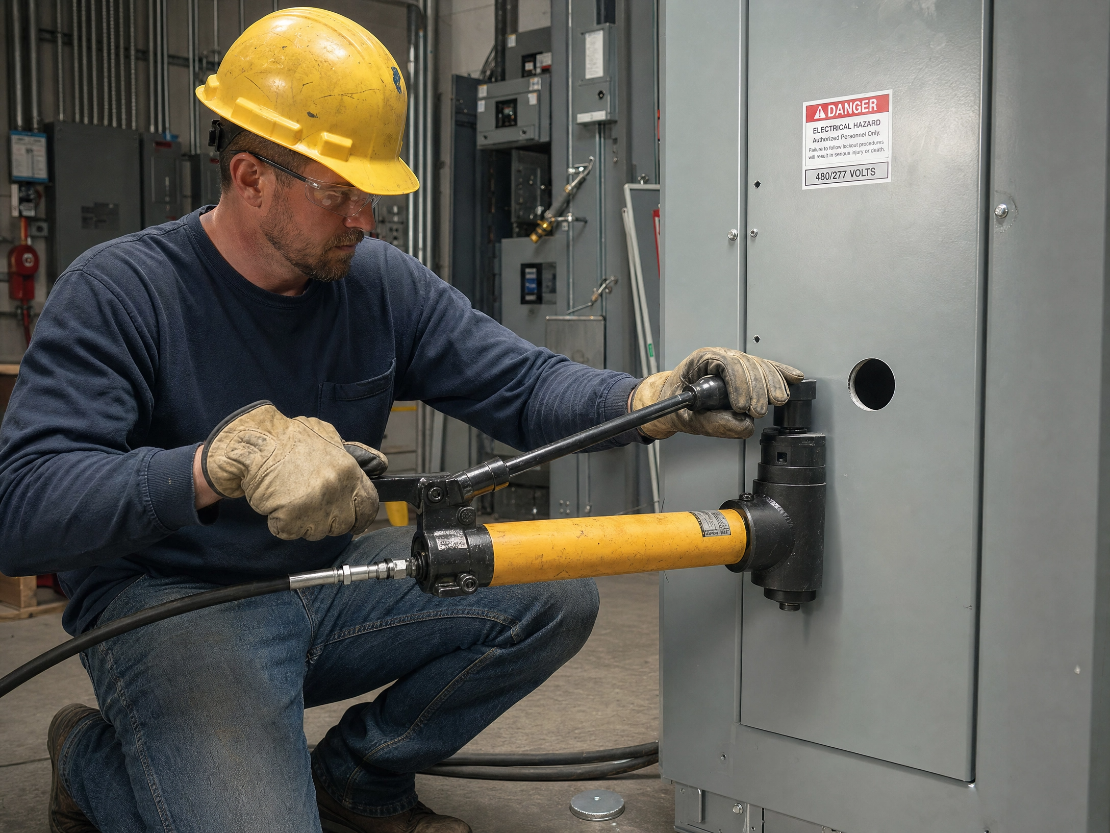 Electrician using knockout punch on panel