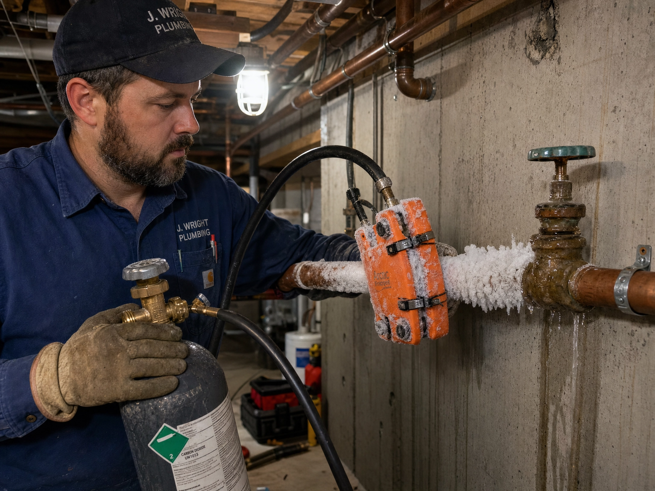 Plumber using pipe freeze kit in basement