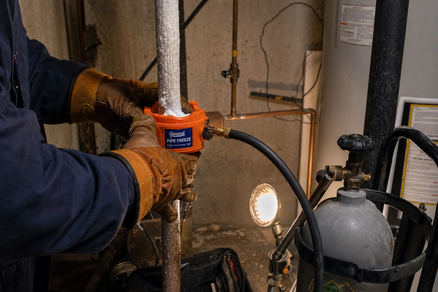 plumber using CO2 pipe freeze kit on copper pipe in basement